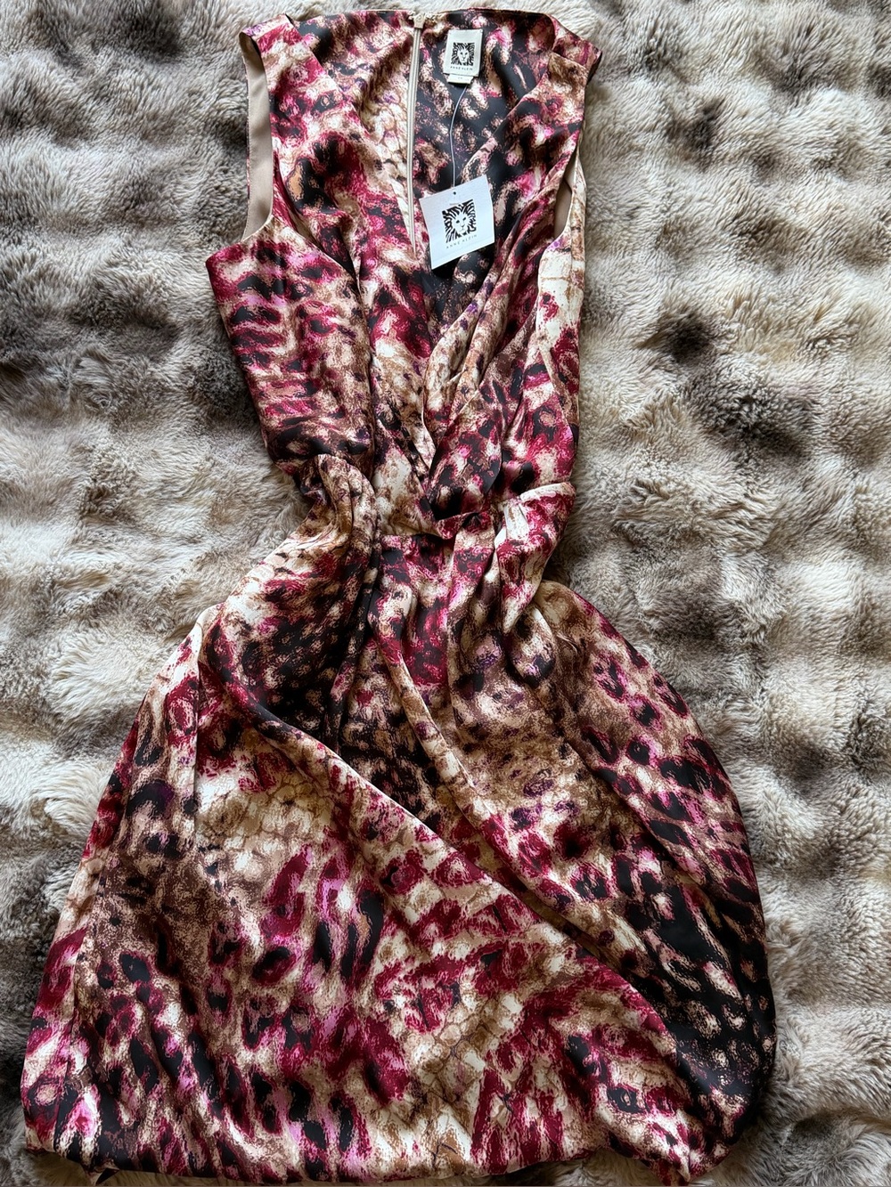 Sleeveless V-Neck Animal Print Dress in Burgundy and Brown Magenta and Cream